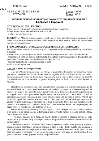 Première page de Espagnol Tle A2, Tle B — 1re évaluation sommative, 1er semestre (2020-2021) · CEG du Lac
