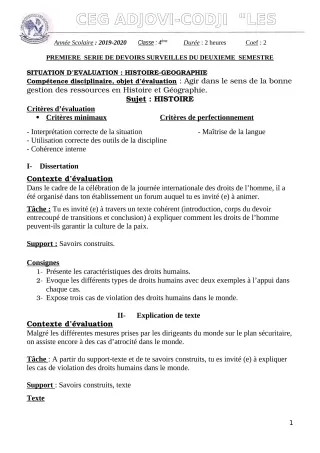 Première page de Histoire-Géographie 4e, 4e ML — 1er devoir surveillé, 2e semestre (2019-2020) · CEG ADJOVICODJI 'LES OLIVIERS'