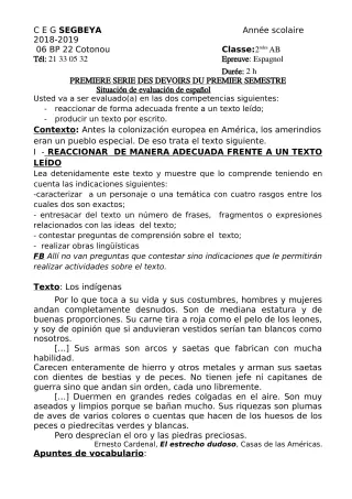 Première page de Espagnol 2nde A & B — 1er devoir surveillé, 1er semestre (2018-2019) · CEG SEGBEYA