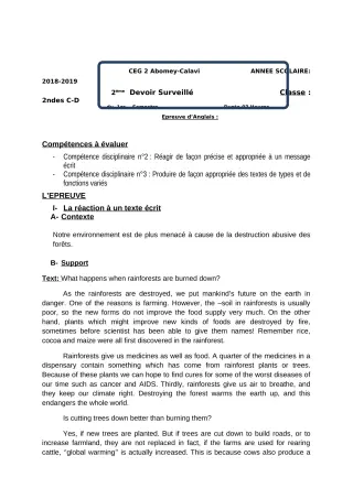 Première page de Anglais 2nde C, 2nde D — 2e devoir surveillé, 1er semestre (2018-2019) · CEG2 ABOMEY - CALAVI (CEG ZOCA)