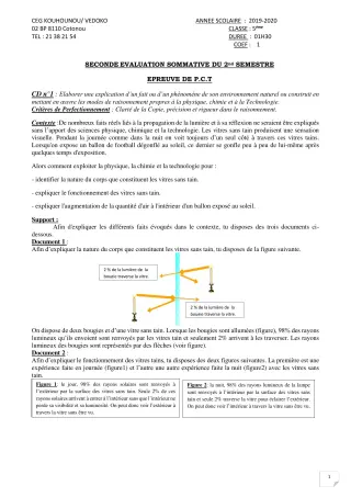 Première page de PCT 5e — 2e évaluation sommative, 2e semestre (2019-2020) · CEG Kouhounou-Vêdoko