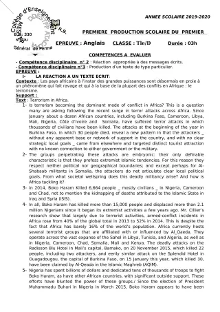 Première page de Anglais 6e, 5e, 4e, 4e ML, 3e, 3e ML, 2nde A, 2nde D, 1ère A, 1ère D, Tle A, Tle D — 1re production scolaire, 1er semestre (2019-2020) · CEG Perma