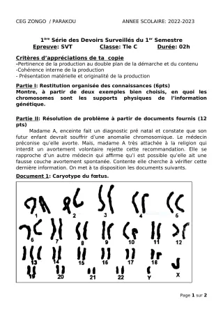 Première page de SVT Tle C — 1er devoir surveillé, 1er semestre (2022-2023) · CEG ZONGO