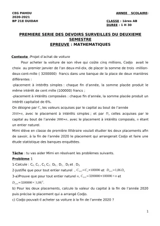 Première page de Mathématiques 1ère A1, 1ère A2, 1ère B — 1er devoir surveillé, 2e semestre (2020-2021) · CEG PAHOU