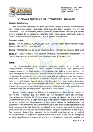 Première page de Français Tle A, Tle B, Tle C, Tle D — 1er devoir surveillé, 1er trimestre (2019-2020) · CPEG LE PHARAON