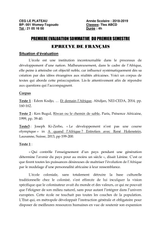 Première page de Français Tle B — 1re évaluation sommative, 1er semestre (2018-2019) · CEG Le Plateau