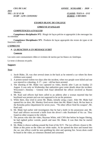 Première page de Examen Blanc de ANGLAIS — Tle A2 — CEG du Lac (2020)