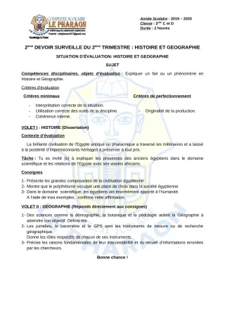 Première page de Histoire-Géographie 2nde C, 2nde D — 2e devoir surveillé, 2e trimestre (2019-2020) · CPEG LE PHARAON