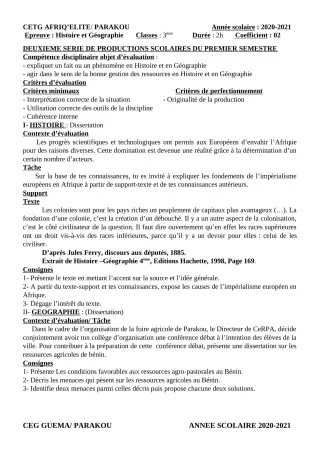 Première page de Histoire-Géographie 3e — 2e production scolaire, 1er semestre (2020-2021) · CPEG AFRIQU'ELITE