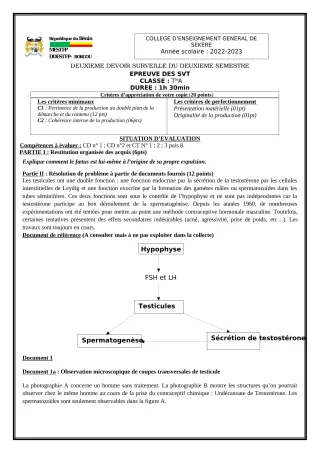 Première page de SVT Tle A2 — 2e devoir surveillé, 2e semestre (2022-2023) · CEG SEKERE
