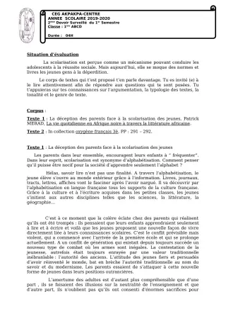 Première page de Français 1ère A1, 1ère A2, 1ère B, 1ère C, 1ère D — 2e devoir surveillé, 1er semestre (2019-2020) · CEG 1 Akpakpa-Centre