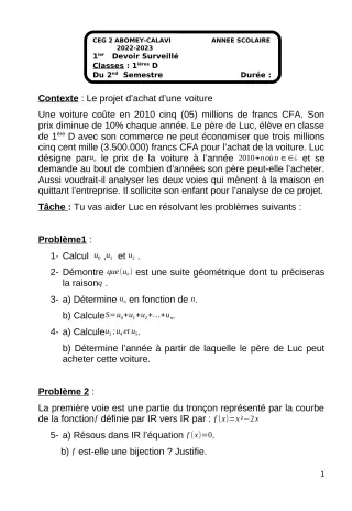 Première page de Mathématiques 1ère D — Devoir surveillé, 2e semestre (2022-2023) · CEG2 ABOMEY - CALAVI (CEG ZOCA)