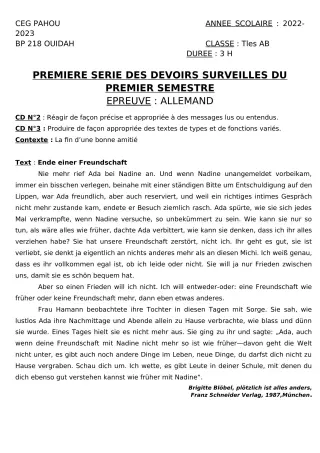 Première page de Allemand Tle A2, Tle B — 1er devoir surveillé, 1er semestre (2022-2023) · CEG PAHOU