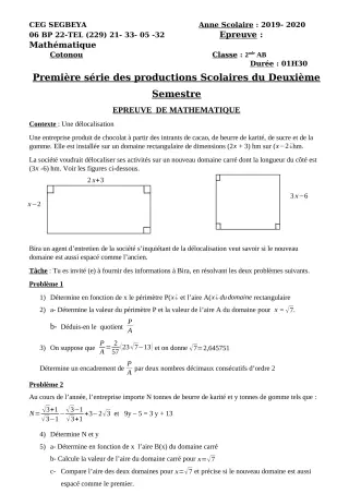 Première page de Mathématiques 2nde A & B — 1re production scolaire, 2e semestre (2019-2020) · CEG SEGBEYA