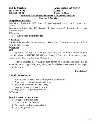 Première page de Anglais 6e — 2e devoir surveillé, 1er semestre (2018-2019) · CEG Le Méridien