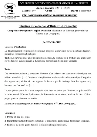 Première page de Histoire-Géographie 5e — Évaluation sommative, 3e trimestre (2019-2020) · CPEG La Finesse