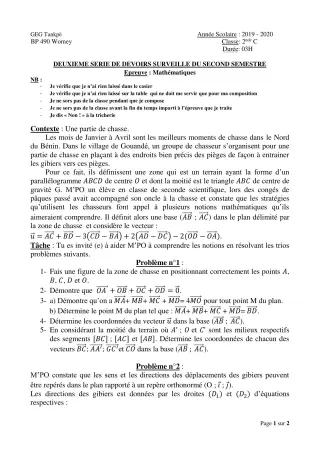 Première page de Mathématiques 2nde C — 2e devoir surveillé, 2e semestre (2019-2020) · CEG Tankpè
