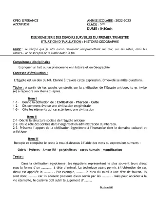 Première page de Histoire-Géographie 5e — 2e devoir surveillé, 1er trimestre (2022-2023) · CPEG ESCALE