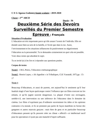 Première page de Français 2nde A & B — 2e devoir surveillé, 1er semestre (2019-2020) · CEG Agassa Godomey