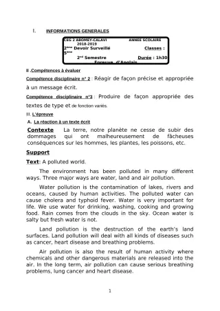 Première page de Anglais 5e — 2e devoir surveillé, 2e semestre (2018-2019) · CEG2 ABOMEY - CALAVI (CEG ZOCA)