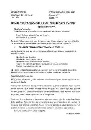 Première page de Espagnol 4e ML — 1er devoir surveillé, 1er semestre (2020-2021) · CEG LE NOKOUE