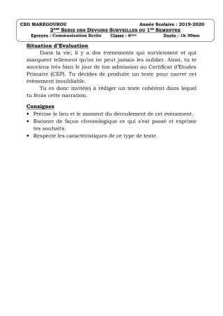 Première page de Français 6e — Devoir surveillé, 1er semestre (2019-2020) · CEG MAREGOUROU
