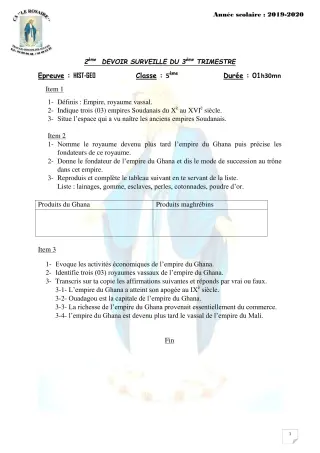 Première page de Histoire-Géographie 5e — 2e devoir surveillé, 3e trimestre (2019-2020) · CPEG ROSAIRE