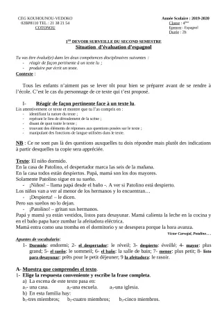 Première page de Espagnol 4e ML — 1er devoir surveillé, 2e semestre (2019-2020) · CEG Kouhounou-Vêdoko