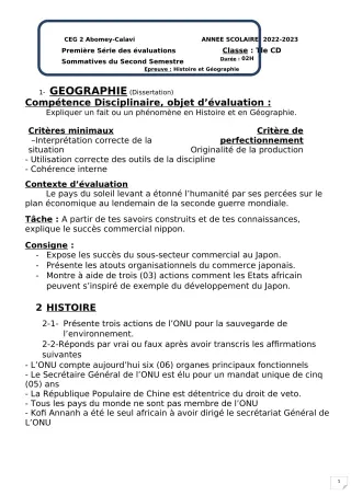 Première page de Histoire-Géographie Tle C — 1re évaluation sommative, 2e semestre (2022-2023) · CEG2 ABOMEY - CALAVI (CEG ZOCA)