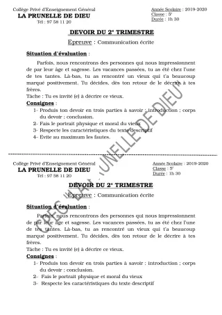 Première page de Français 5e — Devoir surveillé, 2e trimestre (2019-2020) · CEPG La Prunelle de Dieu