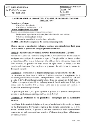 Première page de SVT 1ère C — 1re production scolaire, 2e semestre (2018-2019) · CEG AGBLANGANDAN