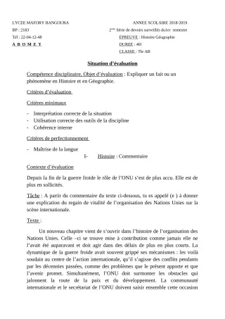 Première page de Histoire-Géographie Tle A & B — 2e devoir surveillé, 1er semestre (2018-2019) · Lycée Houegbadja d'Abomey (Ex Mafory Bangoura)