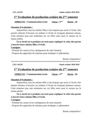 Première page de Français 4e ML&MC — 1re production scolaire, 2e semestre (2018-2019) · CEG Agon