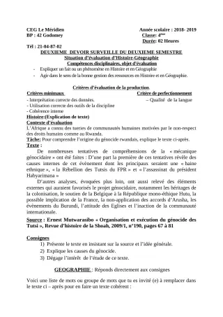 Première page de Histoire-Géographie 4e, 4e ML — 2e devoir surveillé, 2e semestre (2018-2019) · CEG Le Méridien