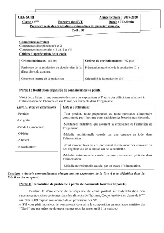 Première page de SVT 6e — 1re évaluation sommative, 1er semestre (2019-2020) · CEG SORI