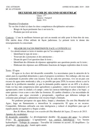 Première page de Espagnol 3e ML — 2e devoir surveillé, 2e semestre (2019-2020) · CEG Attogon