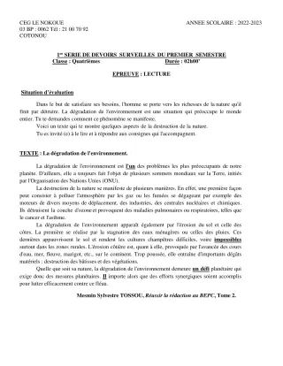 Première page de Français 4e — 1er devoir surveillé, 1er semestre (2022-2023) · CEG LE NOKOUE