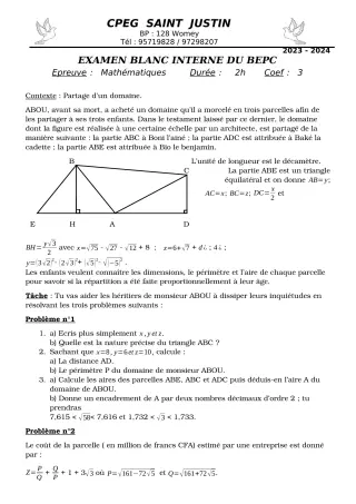 Première page de Devoir surveillé de MATHS GENE — 3e — CPEG SAINT Justin (2023)