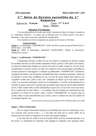 Première page de Français 2nde A, 2nde D — 1er devoir surveillé, 1er semestre (2018-2019) · CEG Lissazounmè