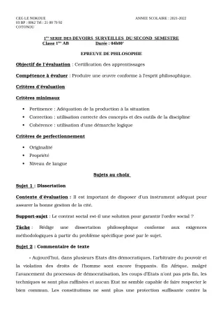 Première page de Philosophie 1ère A1, 1ère A2, 1ère B — 1er devoir surveillé, 2e semestre (2021-2022) · CEG LE NOKOUE