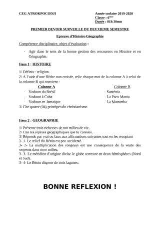 Première page de Histoire-Géographie 6e — 1er devoir surveillé, 2e semestre (2019-2020) · CEG ATROKPOCODJI