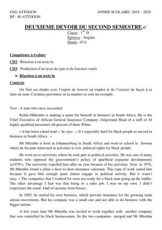 Première page de Anglais 1ère D — 2e devoir surveillé, 2e semestre (2019-2020) · CEG Attogon