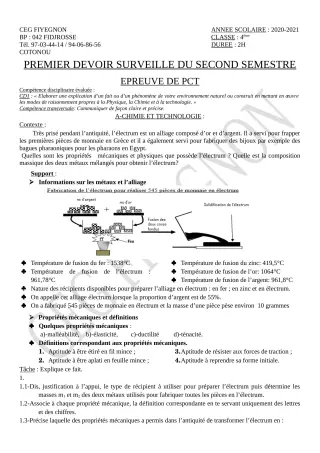 Première page de PCT 4e — 1er devoir surveillé, 2e semestre (2020-2021) · CEG FIYEGNON