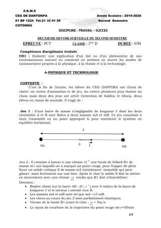 Première page de PCT 2nde D — 2e devoir surveillé, 2e semestre (2019-2020) · CEG Dantokpa
