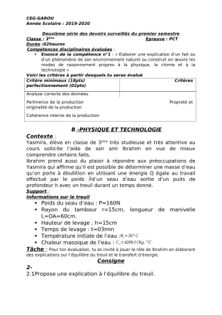 Première page de PCT 3e — 2e devoir surveillé, 1er semestre (2019-2020) · CEG GAROU