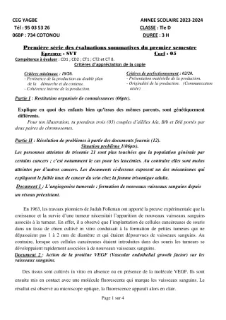 Première page de SVT Tle D — 1re évaluation sommative, 1er semestre (2023-2024) · CEG Yagbe