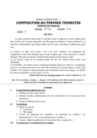 Première page de Français 6e, 5e, 4e, 4e ML, 3e, 3e ML, 2nde A, 2nde A1, 2nde A2, 2nde B, 2nde C, 2nde D, 1ère A2, 1ère B, 1ère D, Tle A1, Tle A2, Tle B, Tle D — Composition, 1er trimestre (2020-2021) · CPEG AGBOZO ME