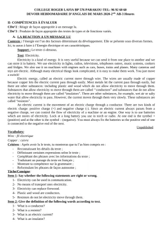 Première page de Anglais 2nde A1, 2nde A2, 2nde B — Devoir surveillé (2019-2020) · CPEG Roger LAFIA