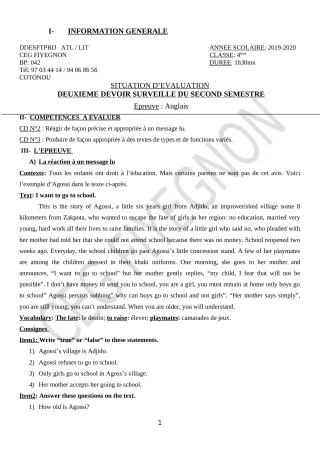Première page de Anglais 4e, 4e ML — 2e devoir surveillé, 2e semestre (2019-2020) · CEG FIYEGNON