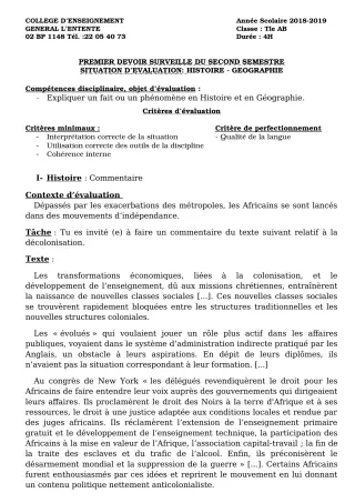 Première page de Histoire-Géographie Tle C, Tle D — 1er devoir surveillé, 2e semestre (2018-2019) · CEG L'Entente